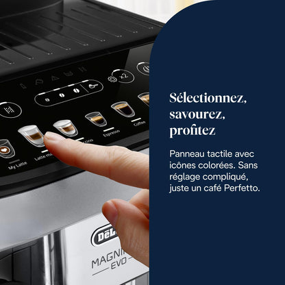 Magnifica Evo (ECAM292.81.SB)- Perfetto Machine à Café Automatique avec LatteCrema Mousseur à Lait Automatique, 7 Boissons en une Seule Touche, Commandes Soft Touch, Argent et Noir